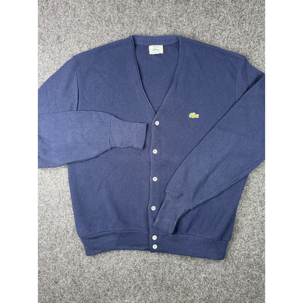 Vintage IZOD Lacoste Cardigan Sweater Mens XL Navy Blue USA Orlon Crocodile